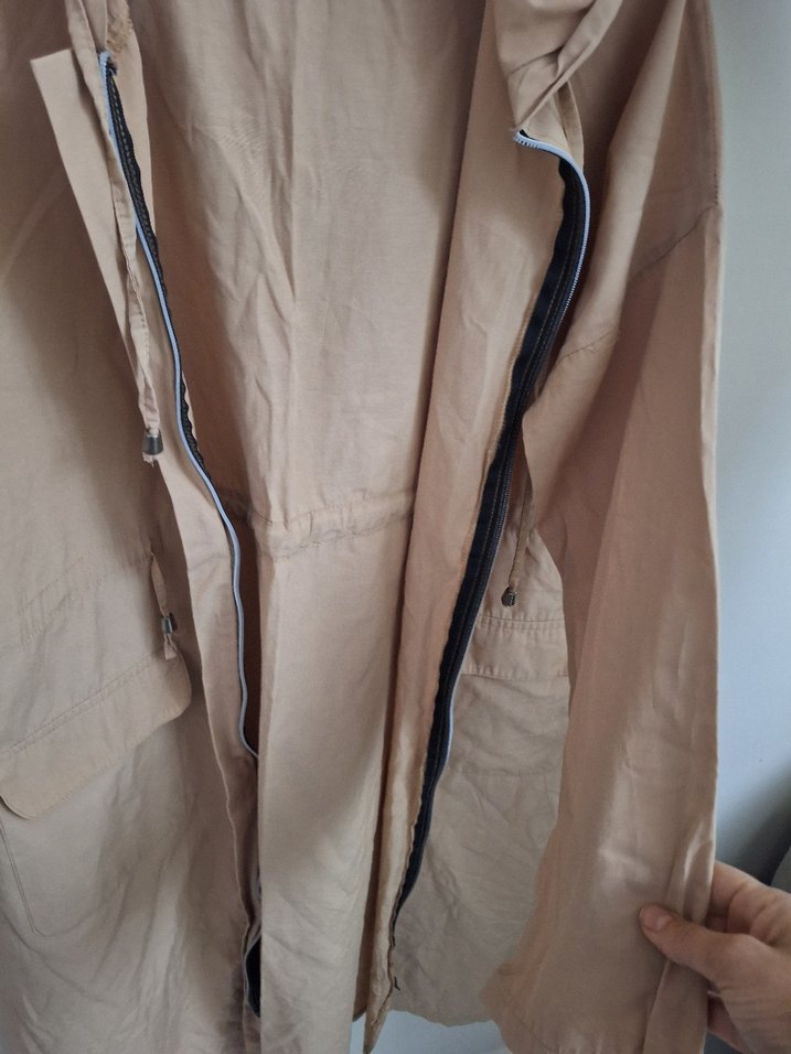 Bej Uzun Kesim kapşonlu Keten Ceket - Görsel 5