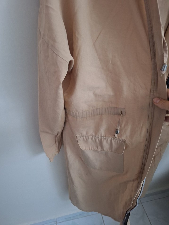 Bej Uzun Kesim kapşonlu Keten Ceket - Görsel 3