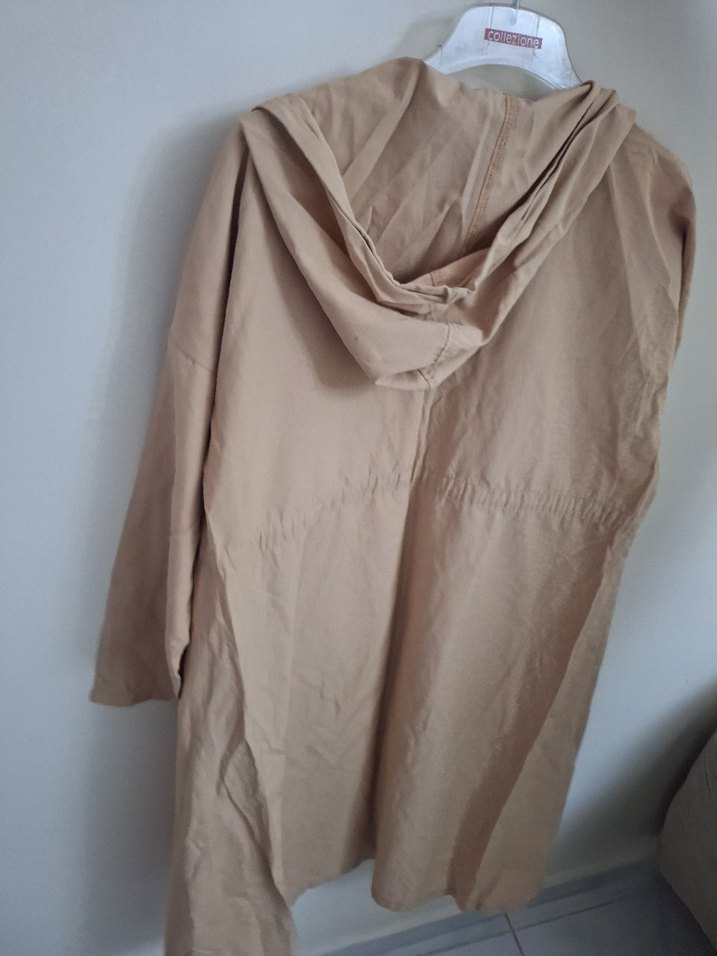 Bej Uzun Kesim kapşonlu Keten Ceket - Görsel 4