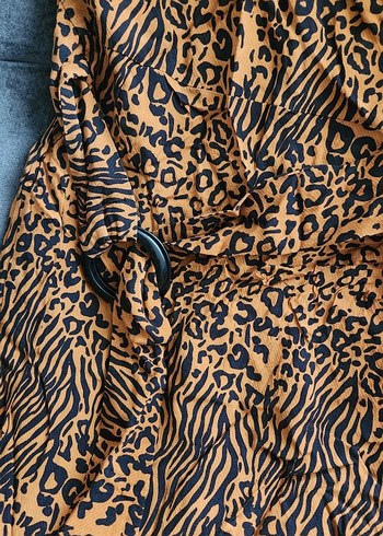 Kahverengi Zebra Desenli Kemerli Midi Elbise - Görsel 4