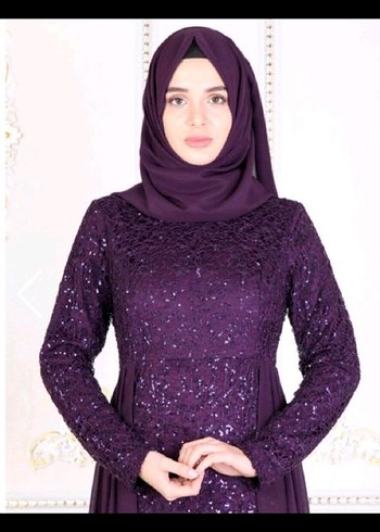 Uzun Kollu İşlemeli Mor Abiye Elbise