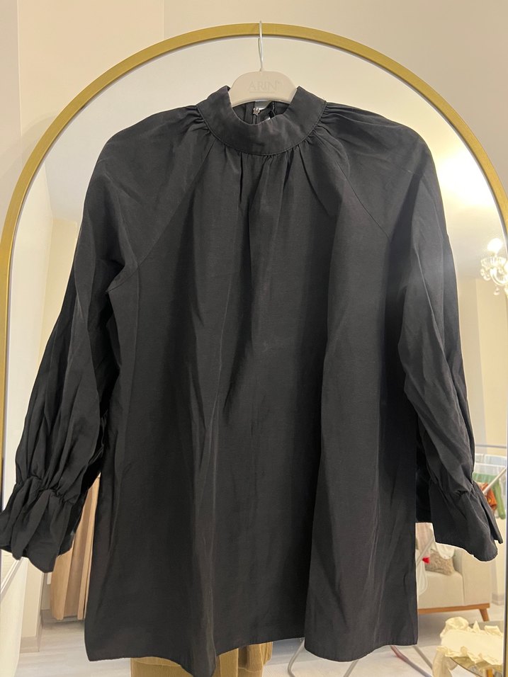 Uzun Kollu Siyah Keten Kadın Bluz - Görsel 2