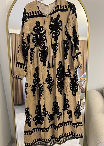 Kahverengi Nakışlı Bohem Uzun Elbise - Görsel 3