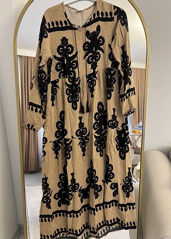 Kahverengi Nakışlı Bohem Uzun Elbise - Görsel 4