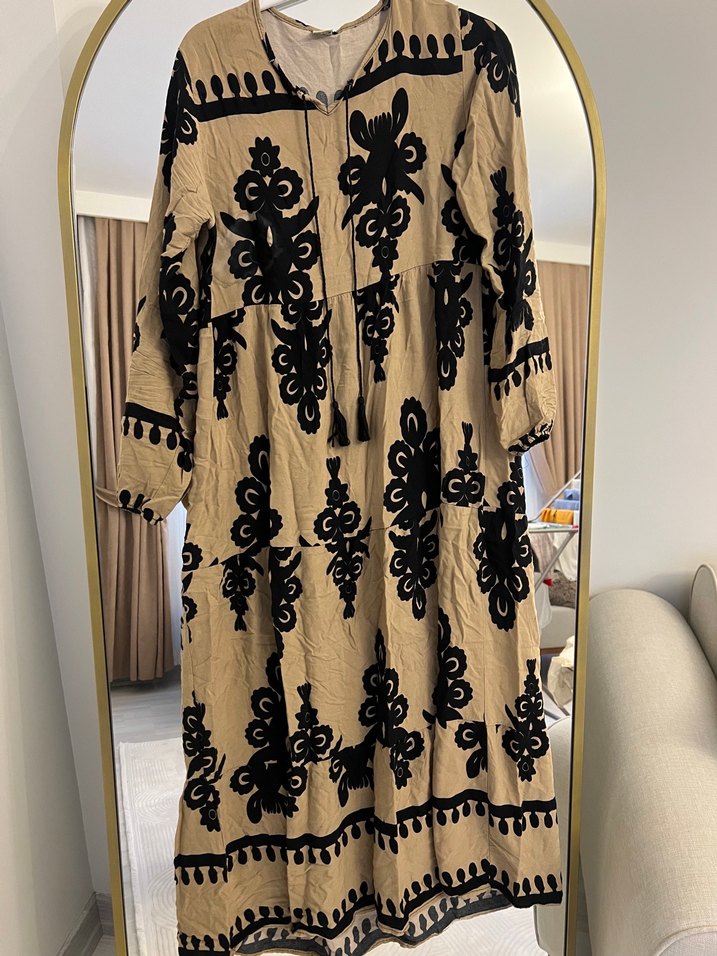 Kahverengi Nakışlı Bohem Uzun Elbise - Görsel 3