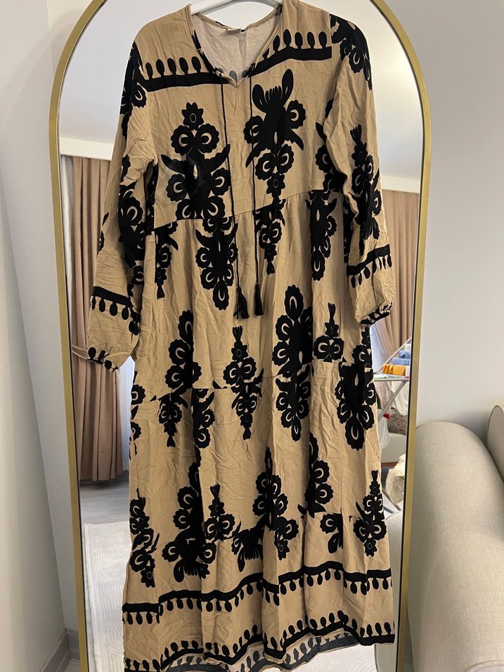 Kahverengi Nakışlı Bohem Uzun Elbise - Görsel 4