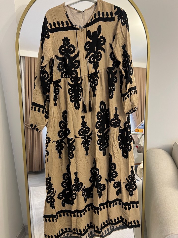 Kahverengi Nakışlı Bohem Uzun Elbise - Görsel 2