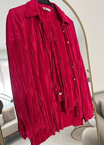 Pembe Uzun Kollu Pilili Kadın Gömlek pantolon takımı - Görsel 3