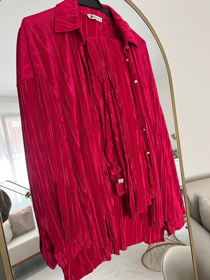 Pembe Uzun Kollu Pilili Kadın Gömlek pantolon takımı - Görsel 3