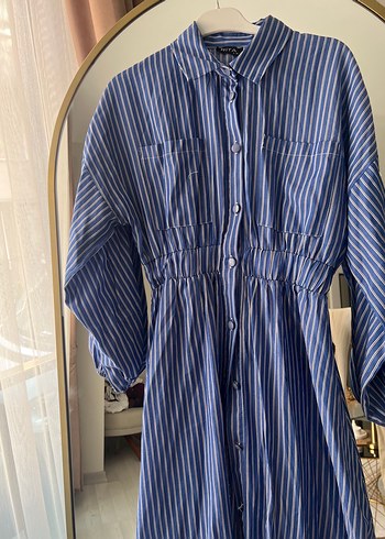 Mavi Çizgili Pamuklu Uzun Elbise - Görsel 3