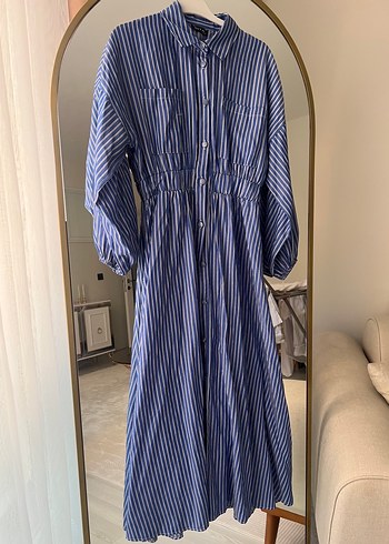 Mavi Çizgili Pamuklu Uzun Elbise - Görsel 2