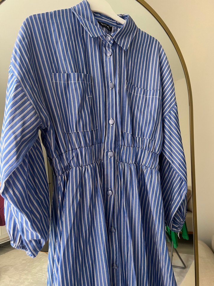 Mavi Çizgili Pamuklu Uzun Elbise - Görsel 5