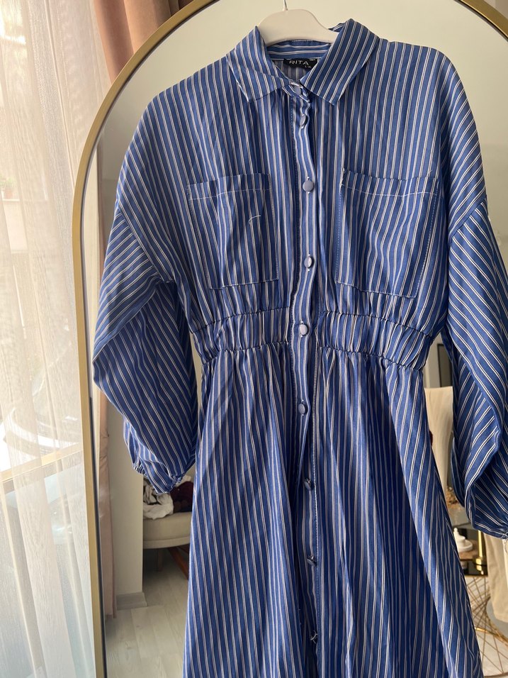 Mavi Çizgili Pamuklu Uzun Elbise - Görsel 3