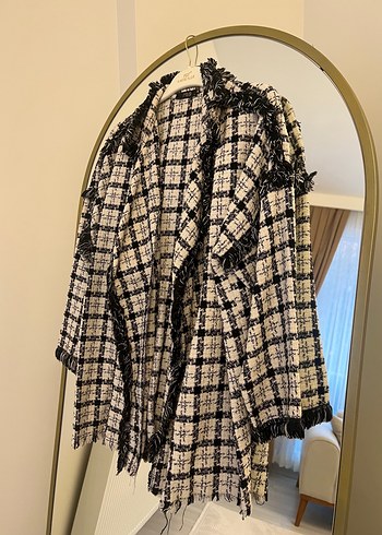 Gri Ekose Detaylı Kadın Uzun Kaban - Görsel 5