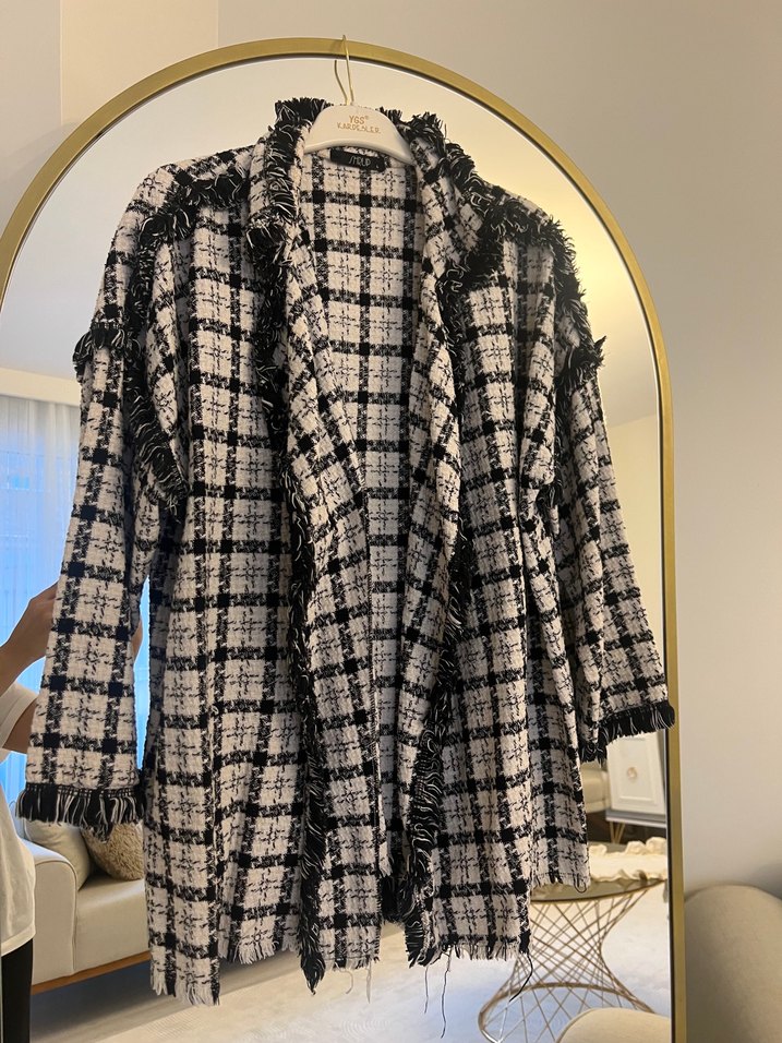 Gri Ekose Detaylı Kadın Uzun Kaban - Görsel 4