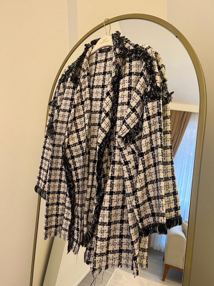 Gri Ekose Detaylı Kadın Uzun Kaban - Görsel 5