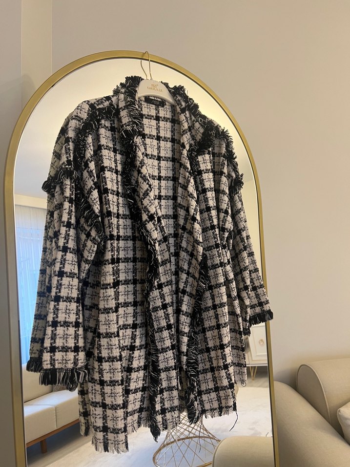 Gri Ekose Detaylı Kadın Uzun Kaban - Görsel 2