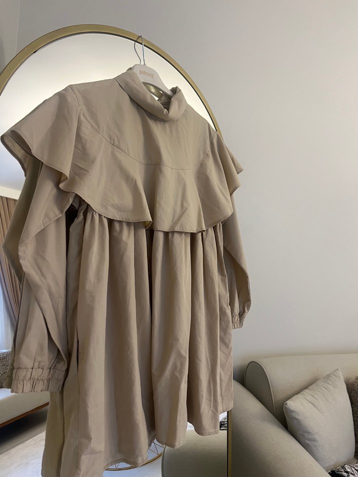 Bej Keten Volanlı Hamile Bluzu - Görsel 5