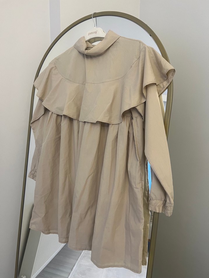 Bej Keten Volanlı Hamile Bluzu - Görsel 3