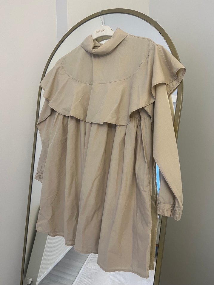 Bej Keten Volanlı Hamile Bluzu - Görsel 2