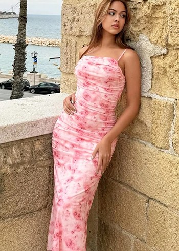 Diğer Pembe Drapeli Uzun Askılı Elbise