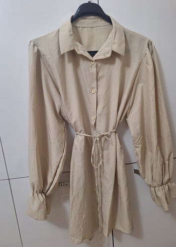 Bej Düğmeli kuşaklı gömlek tunik