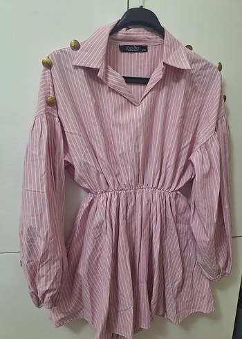 Pembe Çizgili V Yaka Uzun Kollu Gömlek tunik