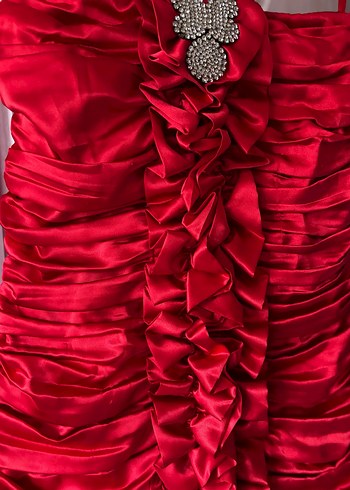 Kırmızı Askılı, Volanlı Abiye Elbise - Görsel 5