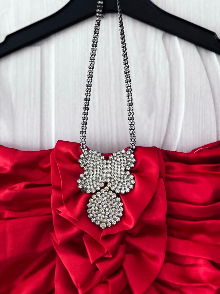 Kırmızı Askılı, Volanlı Abiye Elbise - Görsel 4