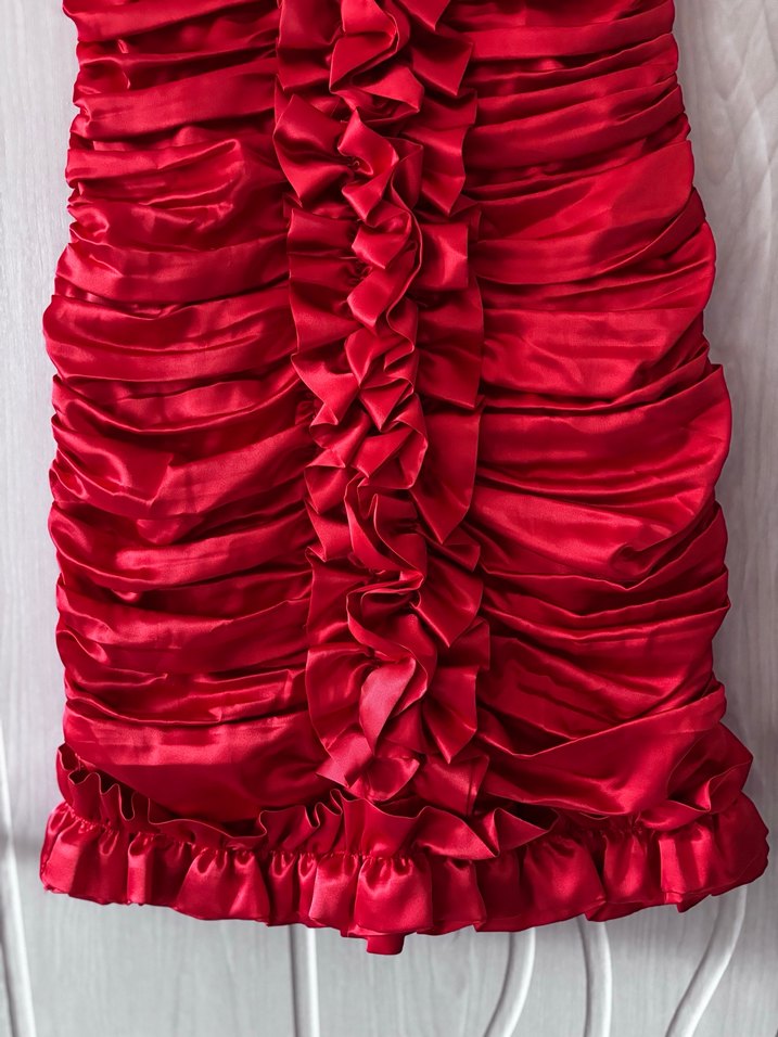 Kırmızı Askılı, Volanlı Abiye Elbise - Görsel 2