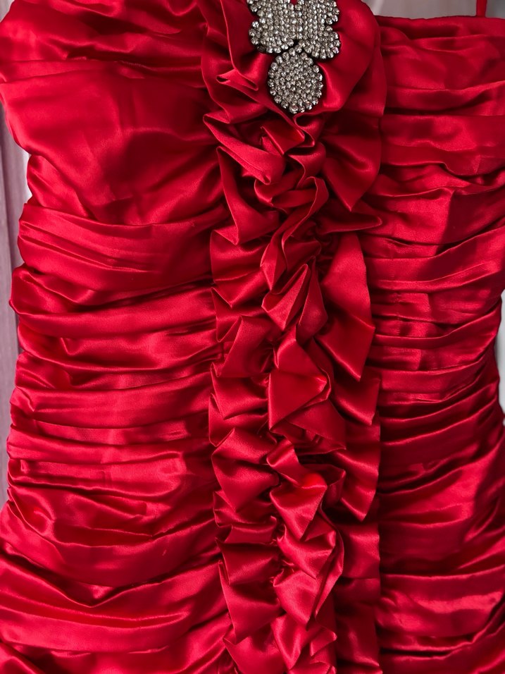 Kırmızı Askılı, Volanlı Abiye Elbise - Görsel 5