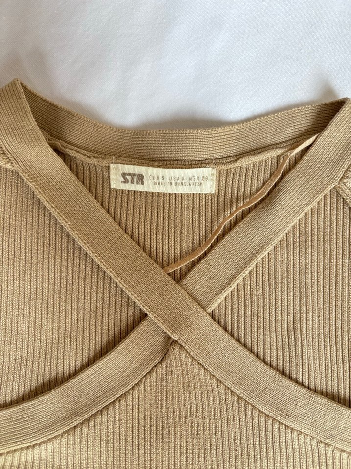 Bej V Yaka Uzun Kollu İnce Triko Kazak - Görsel 3