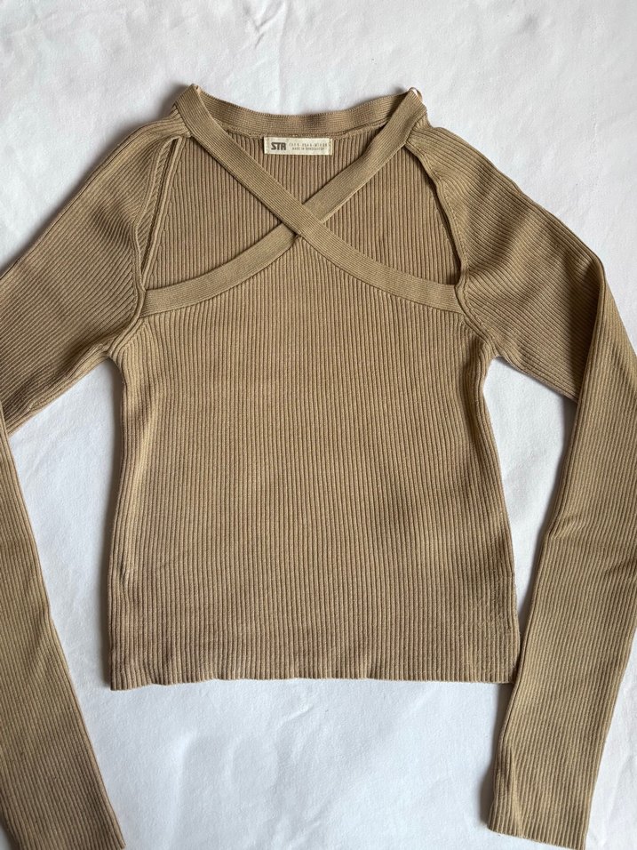 Bej V Yaka Uzun Kollu İnce Triko Kazak - Görsel 2