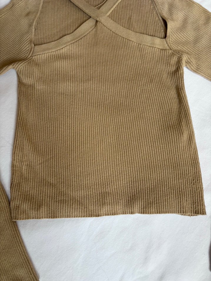 Bej V Yaka Uzun Kollu İnce Triko Kazak - Görsel 5