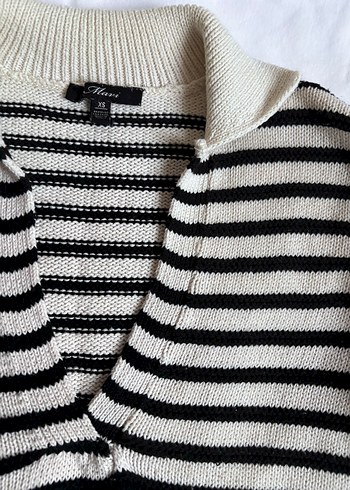 Mavi - Çizgili V Yaka Triko Kadın Kazak - Görsel 9