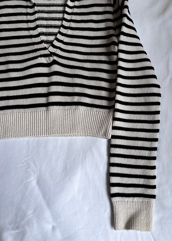 Mavi - Çizgili V Yaka Triko Kadın Kazak - Görsel 10