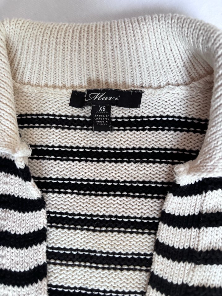 Mavi - Çizgili V Yaka Triko Kadın Kazak - Görsel 2