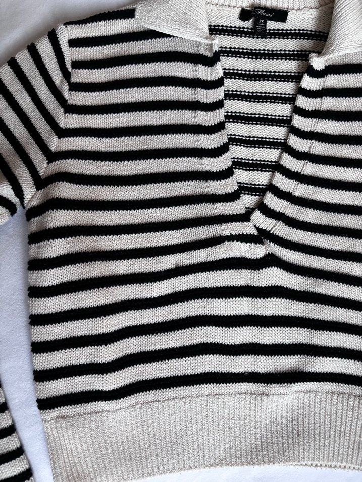 Mavi - Çizgili V Yaka Triko Kadın Kazak - Görsel 3