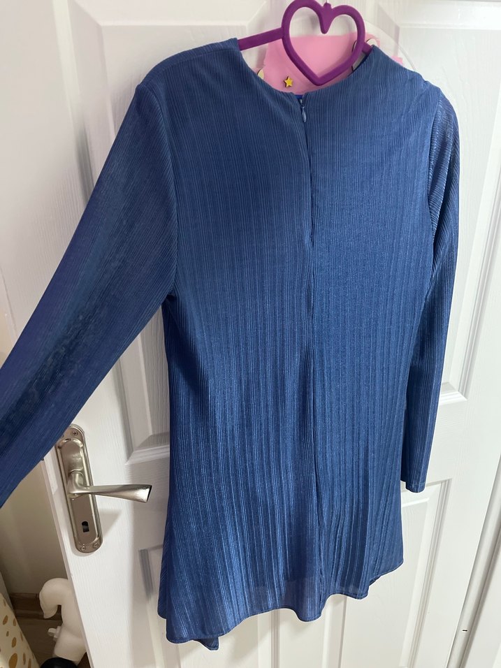 Mavi Piliseli Uzun Kollu Kadın Tunik pantolon takim - Görsel 2