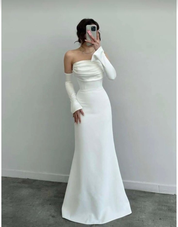 Askılı Straplez Beyaz Uzun Beyaz Elbise - Görsel 2