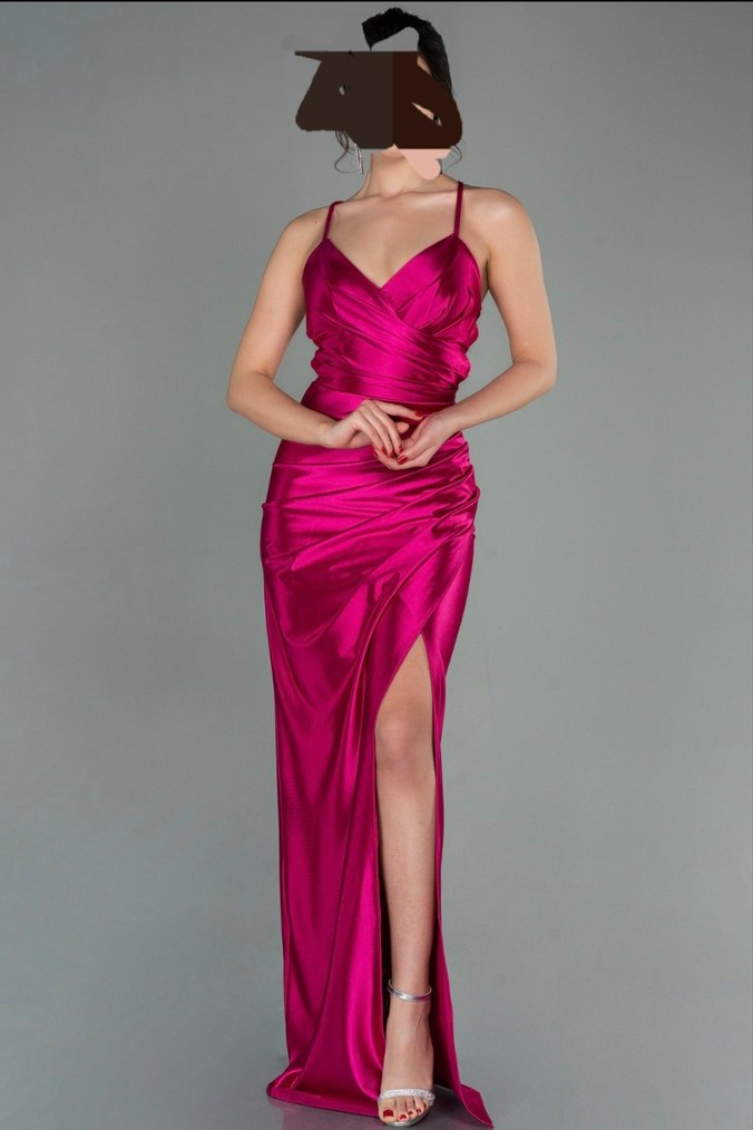 İnce Askılı, Drapeli Pembe Uzun Abiye Elbise - Görsel 2