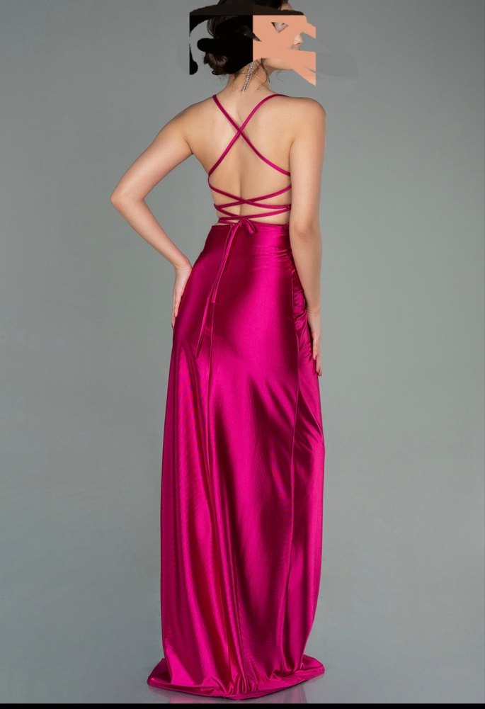 İnce Askılı, Drapeli Pembe Uzun Abiye Elbise - Görsel 3