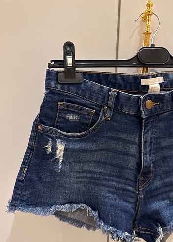 H&M Kadın Koyu Mavi Bağcıklı Denim Mini Şort