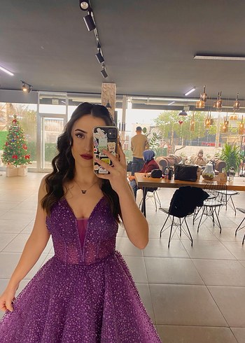 Parlak Mor V Yakalı Kısa Abiye Elbise - Görsel 2