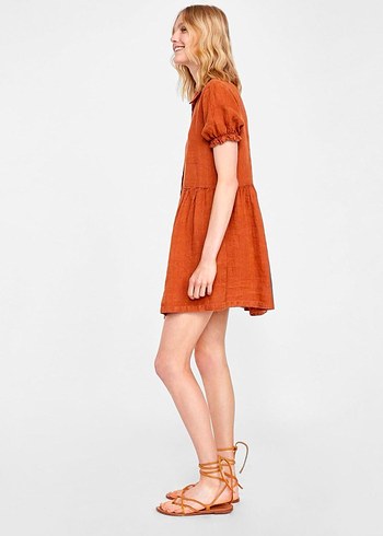 Zara Düğmeli Kahverengi Keten Mini Elbise