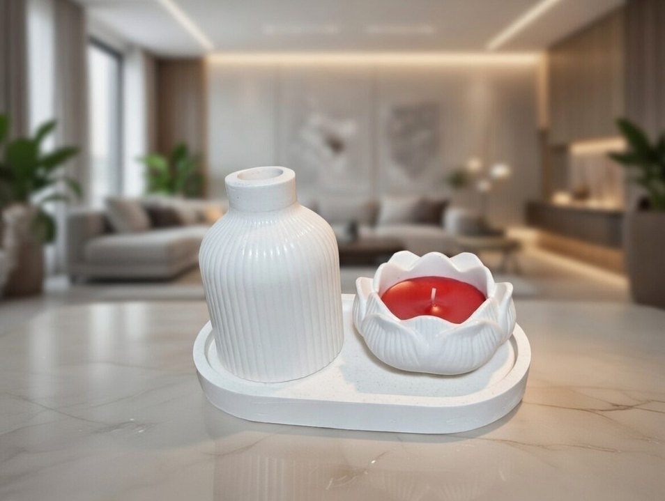 Beyaz Seramik Vazo ve Mumluk Seti - Görsel 2