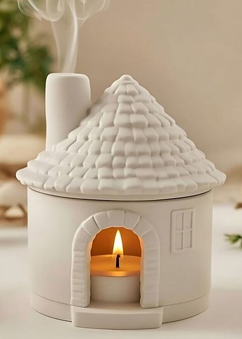 Beyaz Seramik Ev Figürü Mumluk-tutsuluk - Görsel 3