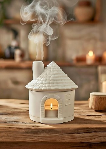 Beyaz Seramik Ev Figürü Mumluk-tutsuluk - Görsel 2