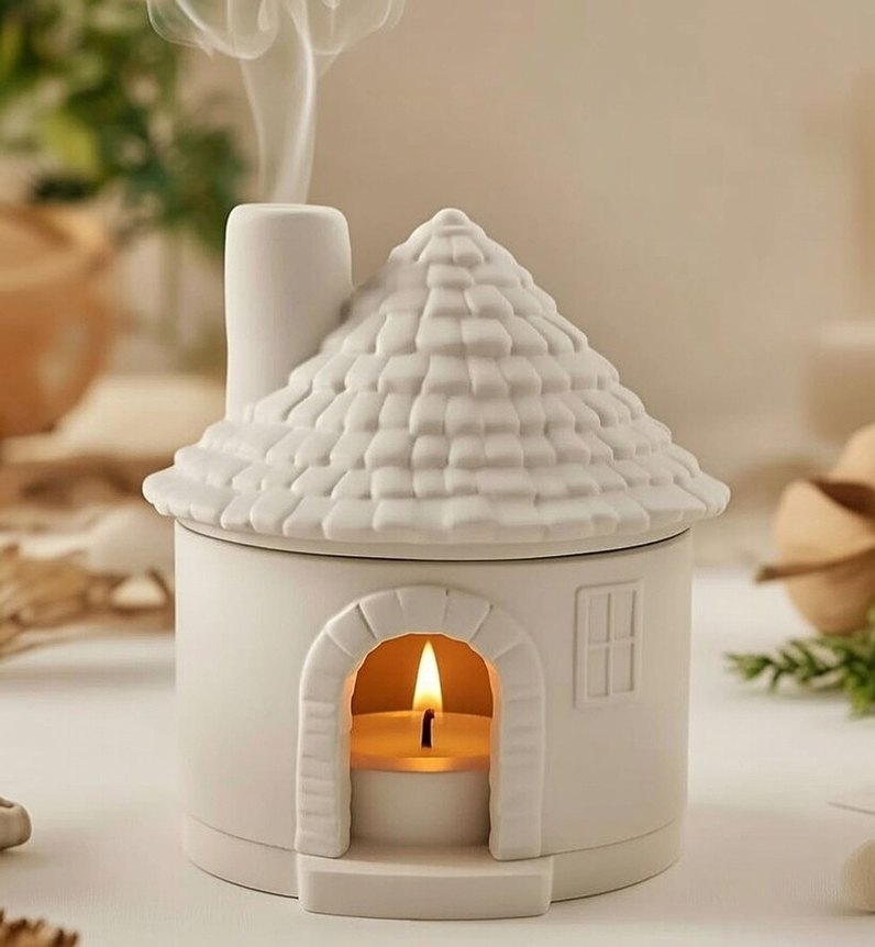 Beyaz Seramik Ev Figürü Mumluk-tutsuluk - Görsel 3