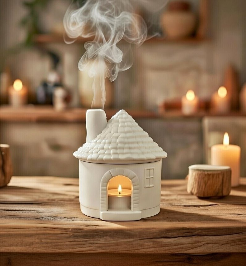 Beyaz Seramik Ev Figürü Mumluk-tutsuluk - Görsel 2